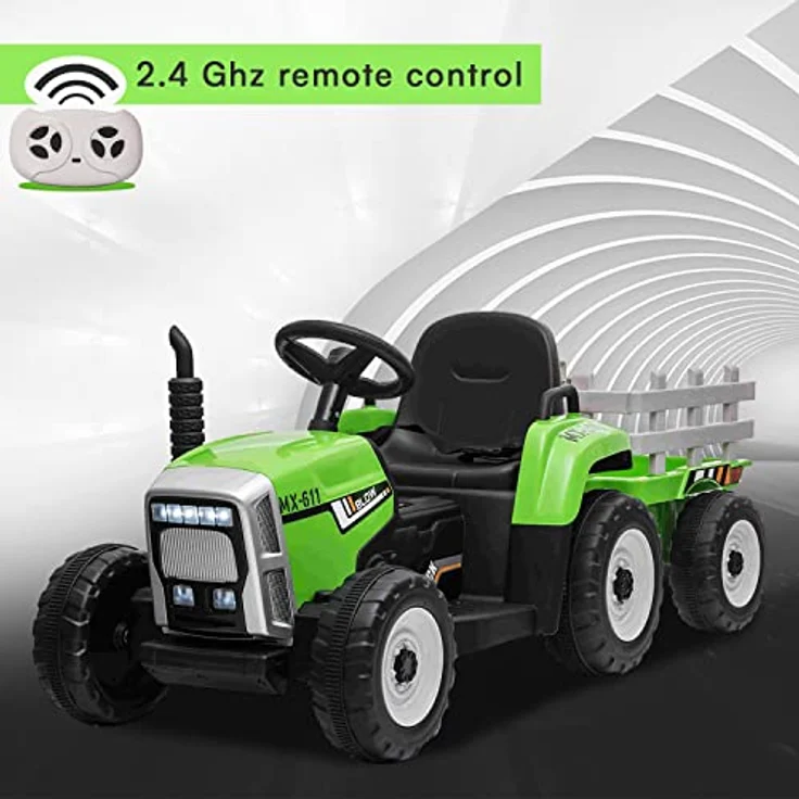 RIRICAR Elektro Traktor für Kinder 12V Workers mit Anhänger, Grün, 12-V-Batterie, breitem Sitz, 2,4-GHz-Fernbedienung, MP3-Player mit Bluetooth und SD-Eingang, LED-Leuchten – Bild 5
