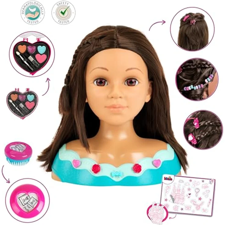 Theo Klein Frisier- & Schminkkopf Princess Coralie, braun, mit Kinder-Kosmetik und Haarstyling-Zubehör in herzförmiger Box – Bild 3