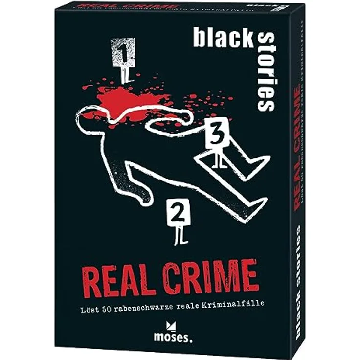 moses 90046 Black Stories Crime-50 Rätsel Kartenspiel, Spielvariante, Punktechips, Jugendliche & Erwachsene, White