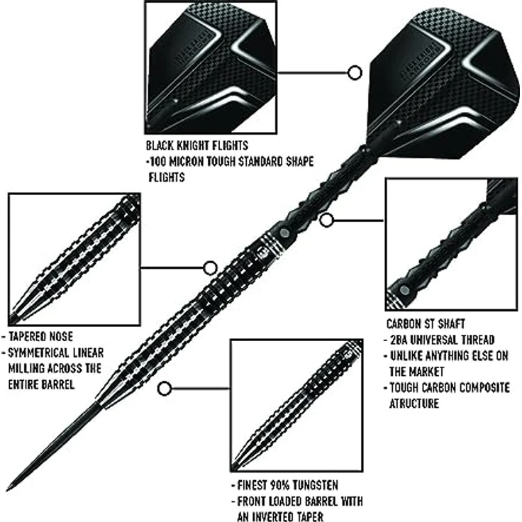 Harrows Black Knight Darts-Set, 90% Wolfram, 22g-25g, inklusive Black Carbon ST Midi-Schäfte und Micron Black Knight Flights (24g) – Bild 5