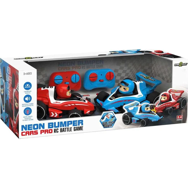 Gear2Play RC Neon Bumper Cars Pro, Ferngesteuerte Rennwagen mit Neonbeleuchtung, Kombination aus Formel 1 und Autoscooter, 3 km/h max. Geschwindigkeit