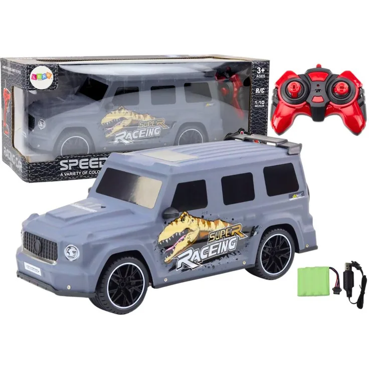 Lean Toys RC Auto mit Dinosaurier im Maßstab 1:10, grau, inklusive Frontlichter und 6V Akku
