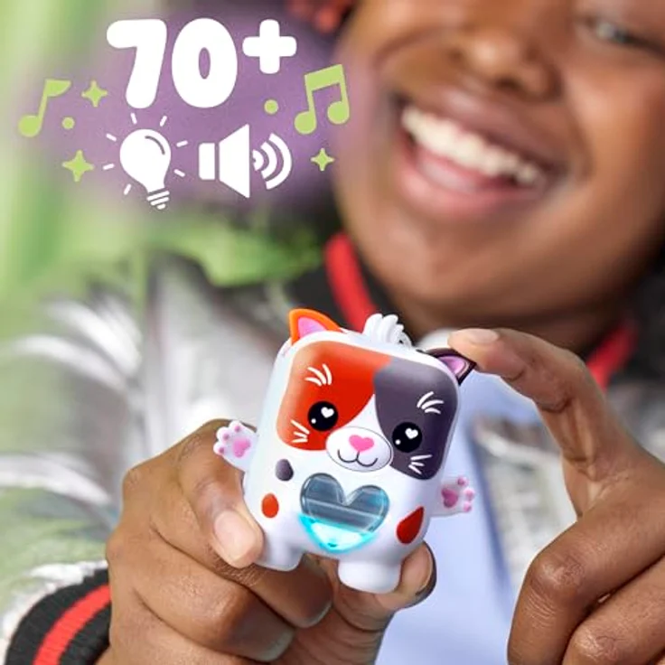 Nano-Mals Purrnelope, elektronisches Fidget-Tierchen mit farbwechselnder Herzanzeige, lila Kleid und Clip für Schlüsselanhänger – Bild 5