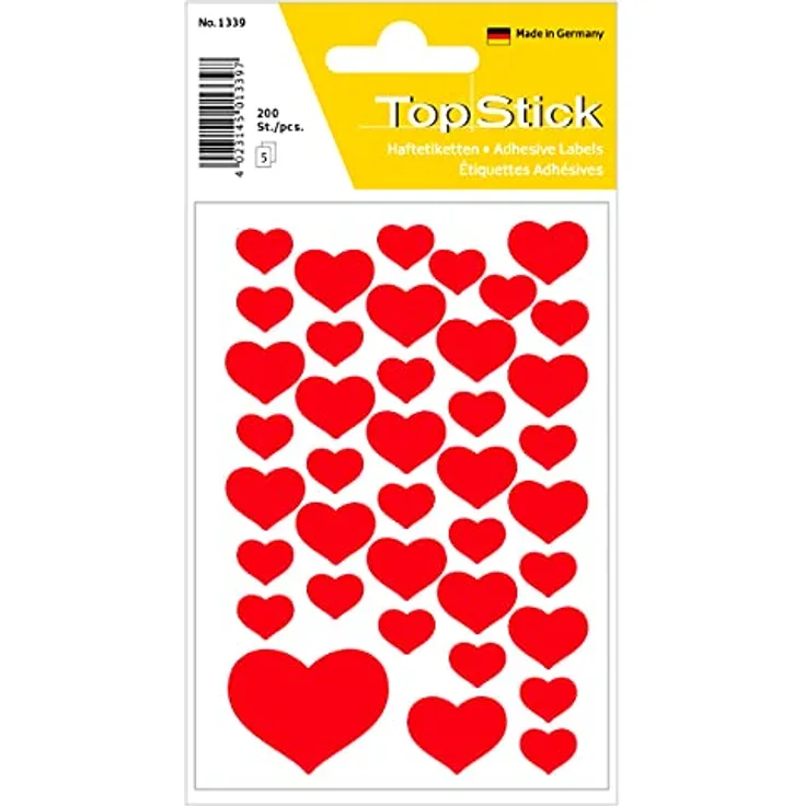 TopStick 1339 Sticker Herzen, 10er Set (2.000 Aufkleber, Papier, matt) selbstklebende kleine Deko-Sticker für Hochzeit, Geschenk, Geburtstag, Valentinstag, Liebe, Love, Scrapbooking, Dekoration, rot
