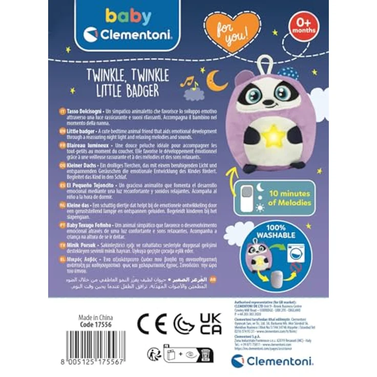 Clementoni Disney Baby 17556, Stofftier und Nachtlicht mit entspannenden Melodien und Waschbarkeit, grauer Dachs – Bild 3