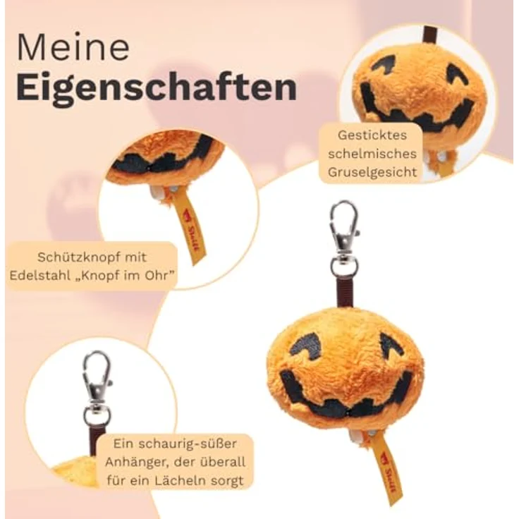 Steiff Kuscheltier Anhänger Little Pumpkin, 6 cm, orangenes Plüschtier mit Halloween-Motiv, waschbar bei 30 °C, für Jungen & Mädchen – Bild 3