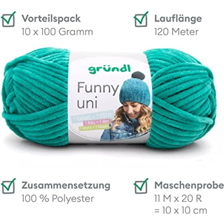 Gründl Funny uni Strick- & Häkelgarn (samtartiges Chenille-Garn aus 100 % Polyester, 100 g / 120 m, Nadelstärke: 5 - 6, 1 x 100 g), smaragd – Bild 2
