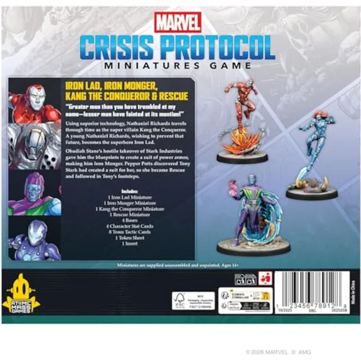 Atomic Mass Games Marvel Crisis Protocol Charakterpaket, Iron Lad, Iron Monger, Kang the Conqueror & Rescue, Miniaturen und Statkarten für strategische Kämpfe – Bild 2