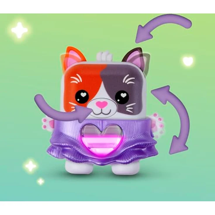 Nano-Mals Purrnelope, elektronisches Fidget-Tierchen mit farbwechselnder Herzanzeige, lila Kleid und Clip für Schlüsselanhänger – Bild 4