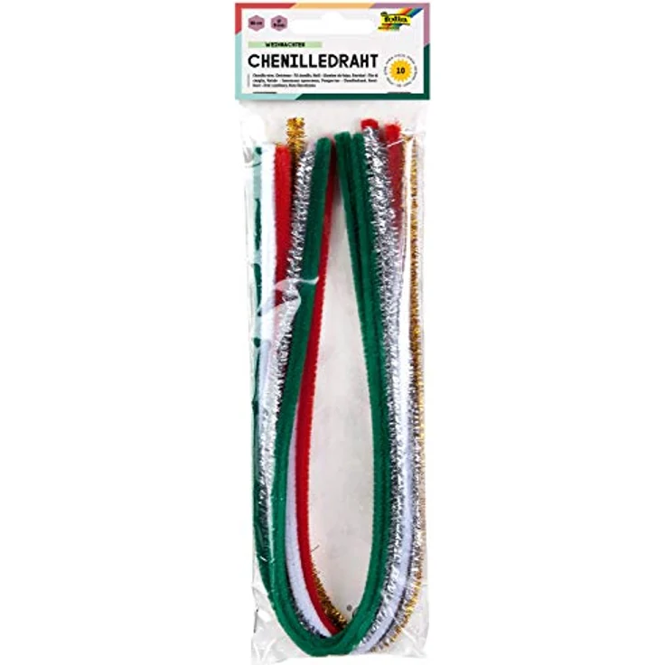 folia 77895 - Chenilledraht, Pfeifenputzer, 10 Stück sortiert in weihnachtlichen Farben, Durchmesser 8 mm und 50 cm lang, ideal zum Basteln und Gestalten von Tieren, Figuren und anderen Formen