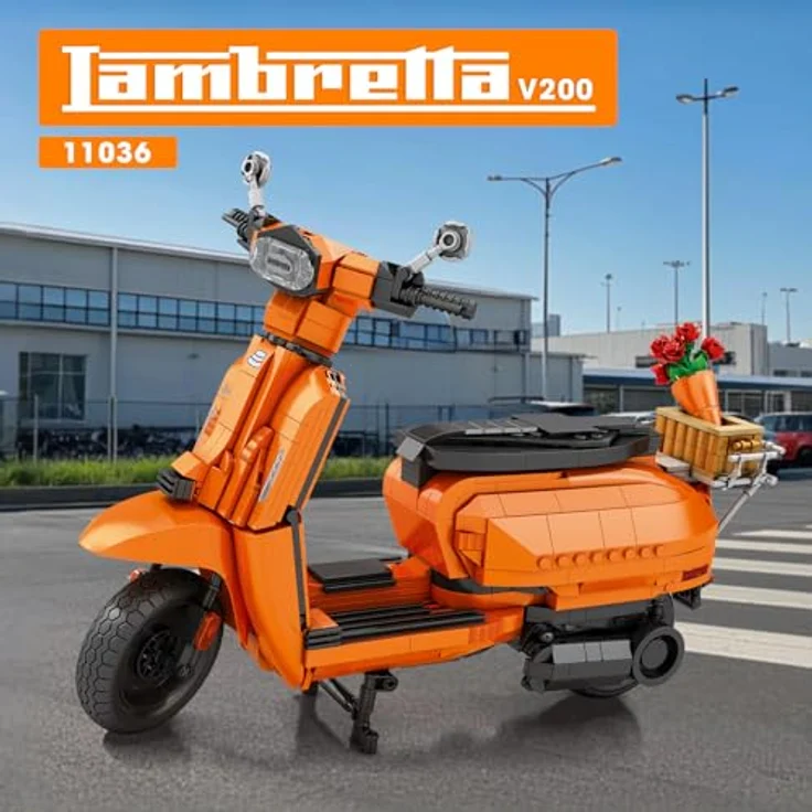 Reobrix V200 Motorrad-Baustein-Spielzeug, Maßstab 1:5, blau mit Korb-Bouquet-Ständer, 11036 Sammlungsfahrzeug, für Heimdekoration und Geschenke – Bild 2