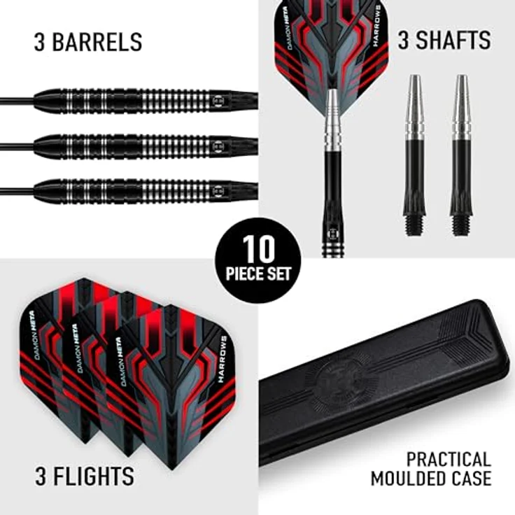 Harrows Damon Heta 90% Tungsten Steel Tip Darts Set, 21g, 23g & 25g mit schwarzem Alamo Schaft, Damons Signature Harrows Flights und Reiseetui (21g) – Bild 3