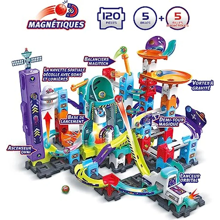 VTech - Marble Rush, Elektronische Kugelbahn, Space Magnetic Mission Set XL300E, magnetisches Bauspiel, 120 Stück, 10 Kugeln, Geschenk für Kinder ab 4 Jahren – Inhalt auf Französisch – Bild 3
