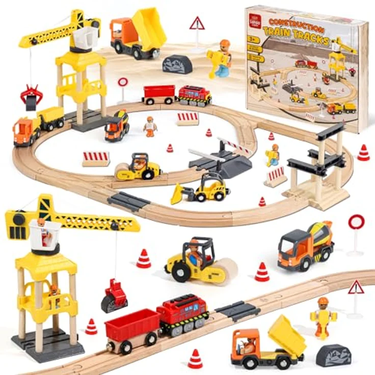 Lehoo Castle Holzeisenbahn Set, 68-teilig mit elektrischer Lokomotive und multifunktionalem Magnetkran, kompatibel mit gängigen Holzeisenbahnen, Holz Spielzeug für Jungen ab 3 Jahren – Bild 1