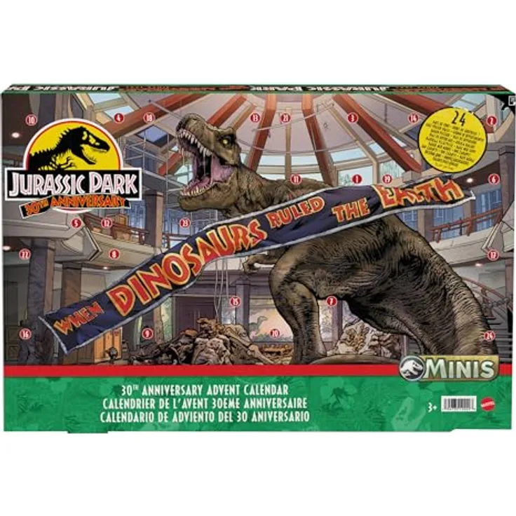 JURASSIC WORLD 30. Jubiläum Adventskalender - 24 Türchen mit Mini-Dinosauriern, Menschenfiguren und Teilen für einen aufregenden Spielbereich, für Kinder ab 4 Jahren, HTK45