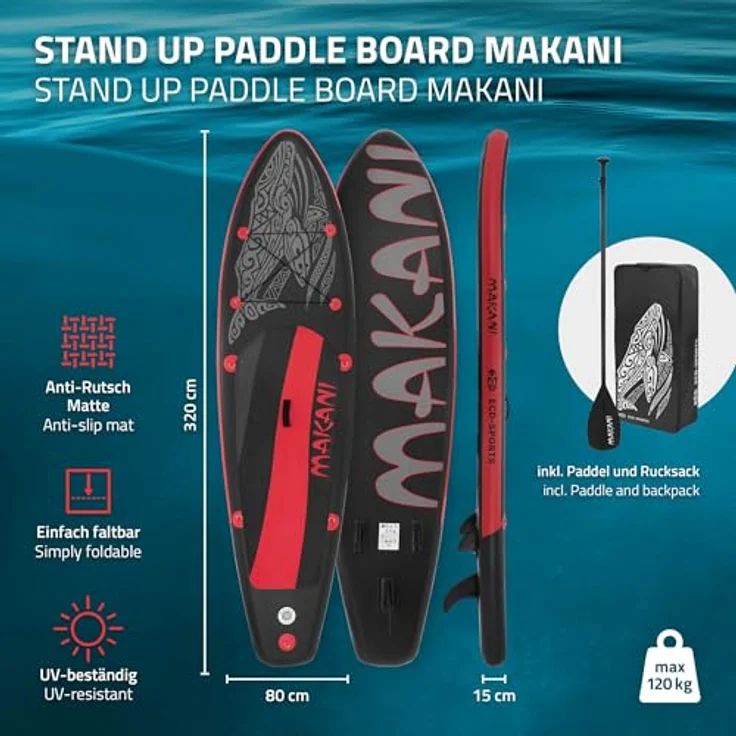 ECD Germany Aufblasbares Stand Up Paddle Board Makani 320x80x15 cm, Schwarz-Rot, aus PVC, bis 120 kg, Komplettset mit Paddel, Pumpe und Tragetasche – Bild 2