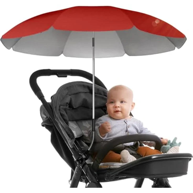 STYNGARD Sonnenschirm Kinderwagen Modell ROME, UV Schutz 50+, 70 cm Durchmesser mit Überhang, rot – Bild 1
