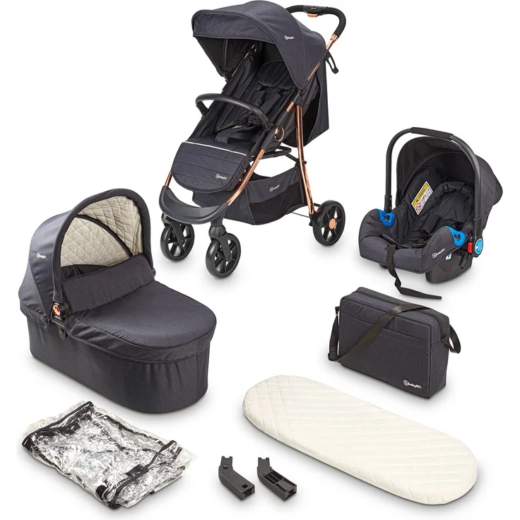 BABYGO Kinderwagen 3 in 1 Styles - Kombikinderwagen Komplettset mit Babywanne, Buggy Sportsitz und Auto-Babyschale - Wickeltasche/Regenschutz/Matratze - Schwarz/Rosegold – Bild 1