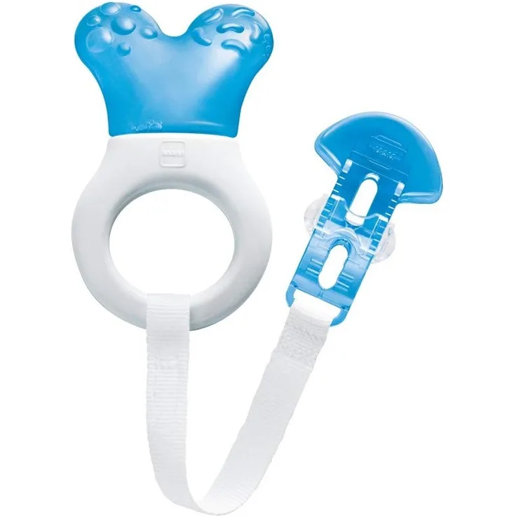 MAM Mini-Kühler & Clip, Kühlkomponente Komfort Zahnen Babys, empfindliches Zahnfleisch massiert durch Babyring, große Reichweite erreicht alle Babyzähne, geeignet für 0-3 Jahre, blau