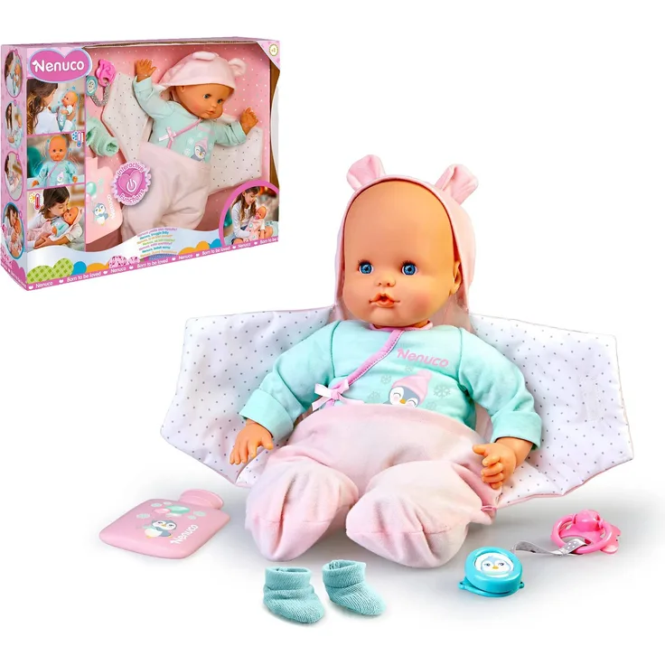 Nenuco - Ist Mein Baby gut zugedeckt?, Babypuppe Weichkörper, die krank Wird, zugedeckt Wird, zittert und Fieber hat, mit Schnuller und Babyschühchen als Pflegezubehör, Famosa (700017360)
