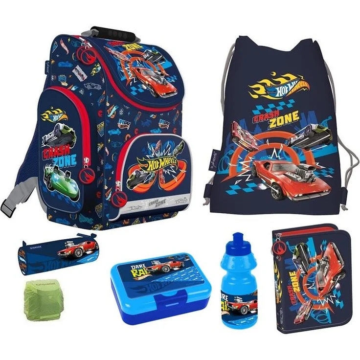 Jungen Schulranzen 7-teiliges Set Hot Wheels Tornister 1. Klasse mit Brotbox und Trinkflasche – Bild 2