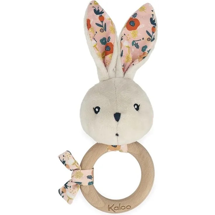 Kaloo - K'Doux - Baby-Beißring - Ring aus FSC-Holz - Plüschhase mit Knisterpapier - Fördert die Entwicklung - Stimuliert die Sinne - Mohnblumen-Motiv - Ab Geburt, K216002