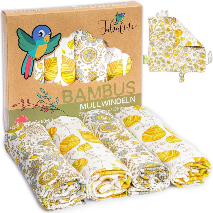 Tabalino Kuschelweiche Bambus Mullwindeln Spucktücher | 80x80cm | 4er-Pack + gratis Schmusetuch |doppelt dicht gewebt| Stoffwindeln Baby Junge & Mädchen Mulltücher Moltontuch 30% Baumwolle – Bild 1