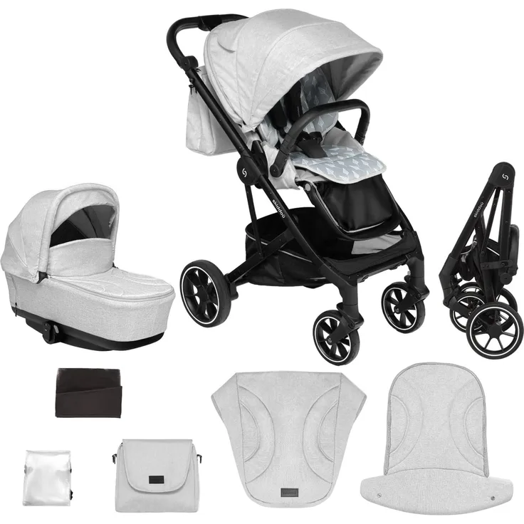 skiddoü Kinderwagen 2in1 Moss, Buggy, Babywanne, multifunktional Buggy, verstellbare Konstruktion, regulierbar,stoßgedämpfte Räder, Moskitonetz, Regenschutzfolie, Tasche, hellgrau