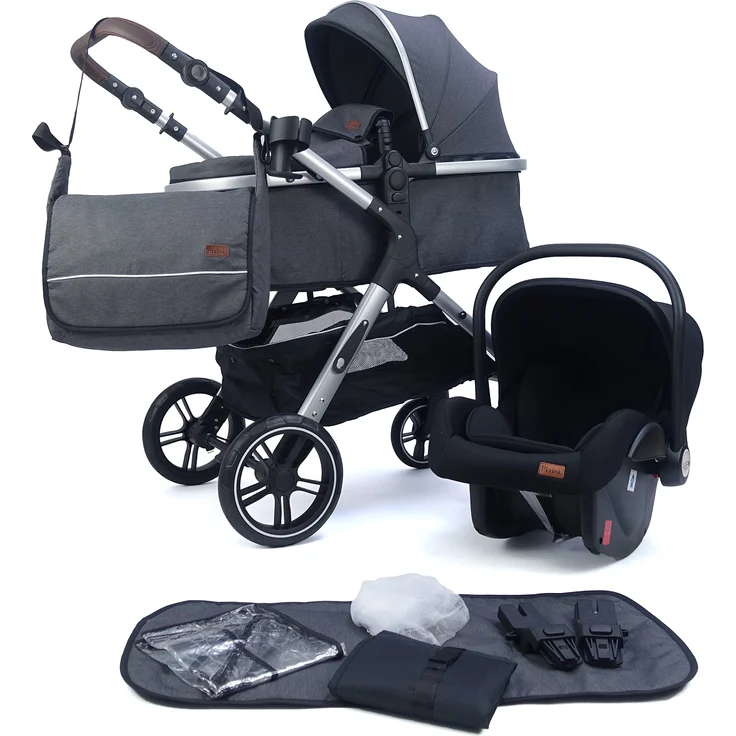 Pixini Kinderwagen Nelio 3in1 Kombikinderwagen, inkl. Babywanne & Buggy & Auto-Babyschale & Wickeltasche/Becherhalter/Regenschutz/Adapter (silber/grau) – Bild 1