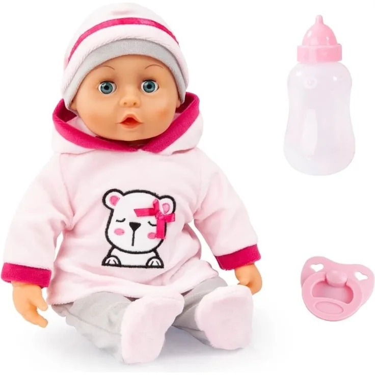 Bayer Design 93824BR Funktionspuppe, Babypuppe First Words mit Schlafaugen, 24 Babylaute, 38 cm, weicher Körper, mit Zubehör