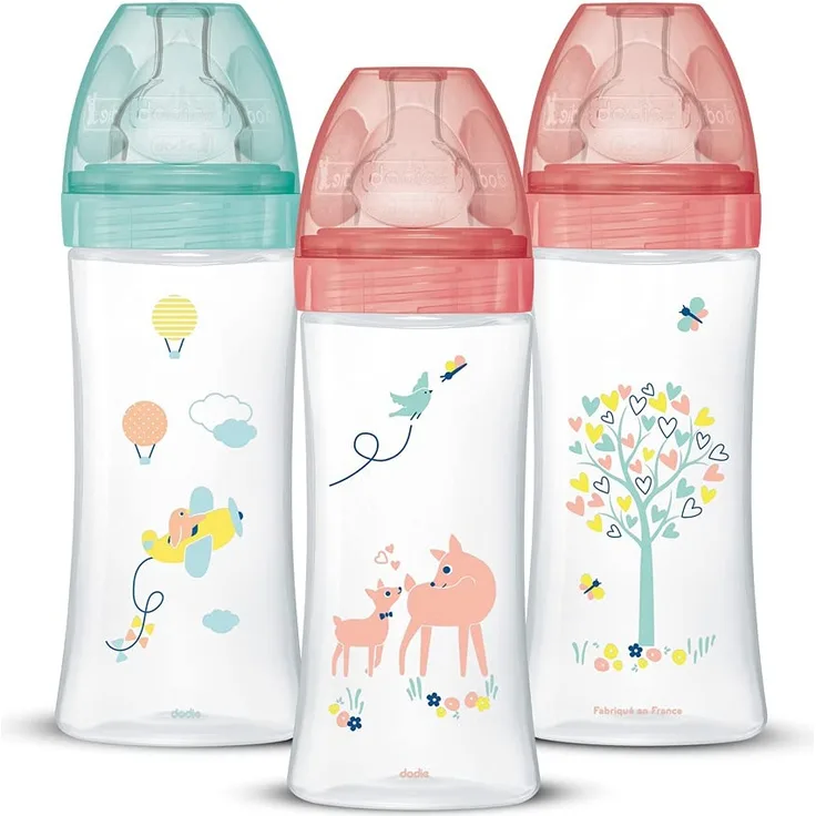 Dodie Babyflaschen, Antikolik Sensation+, für Mädchen, 330 ml, +6 Monate, flacher Sauger, Fluss 3, 3er-Set, 3 Stück