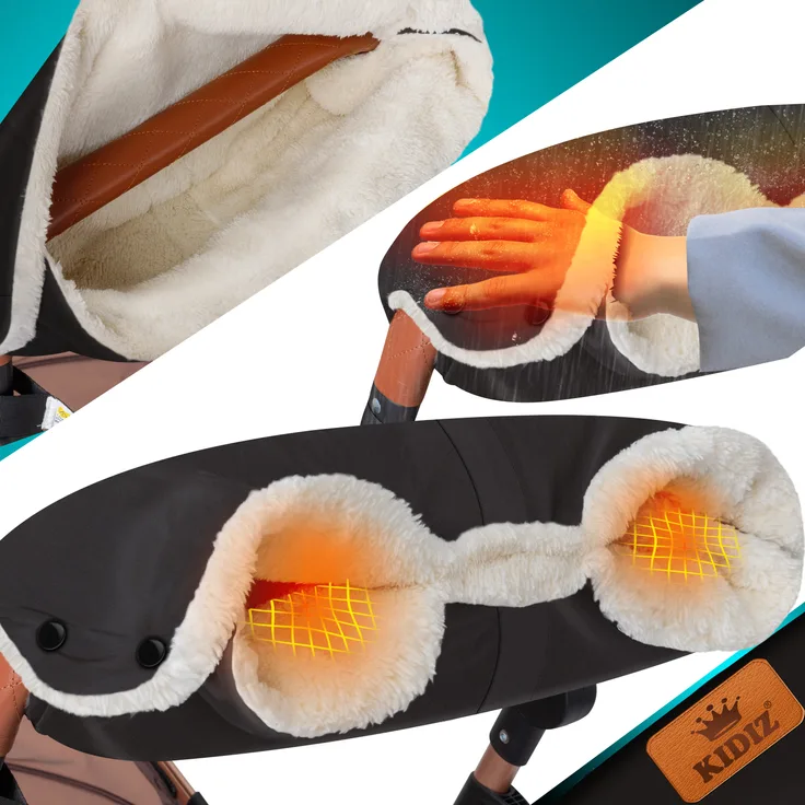 KIDIZ® Handwärmer Kinderwagen Handschuhe Handmuff Kinderwagenmuff mit warme Plüschmaterial Fleece und Baumwolle Innenseite Wasserdicht Winddicht Handwärmer Universalgröße für alle Kinderwagen Buggy Anthrazit