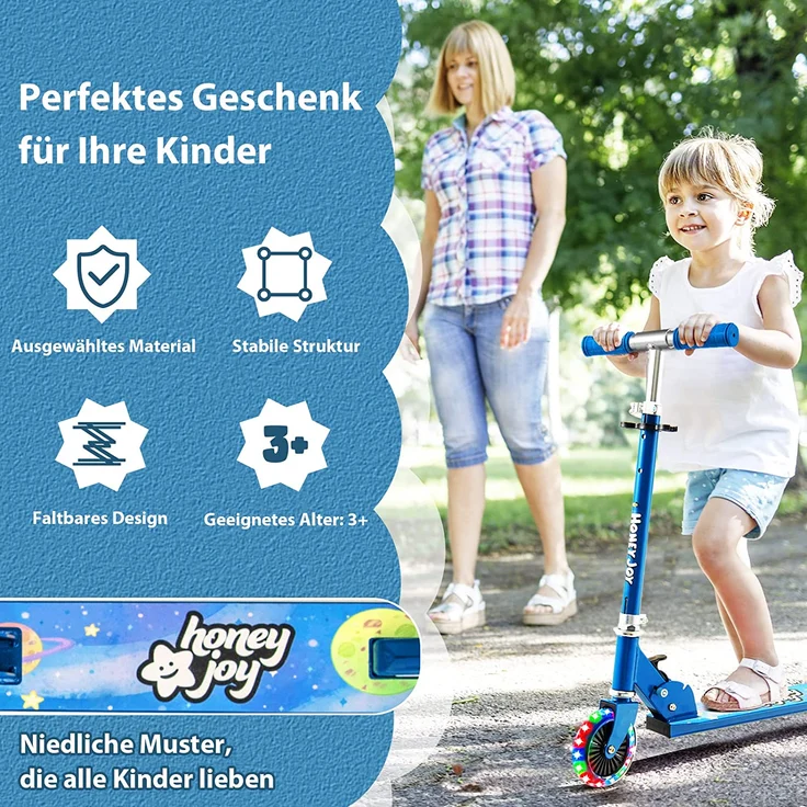 COSTWAY Scooter Kinder Roller, Tretroller mit LED-Räder, Klappbar Lenker, Höhenverstellbar Kinderroller Cityroller Kickscooter für Jungen und Mädchen ab 3 Jahren – Bild 2