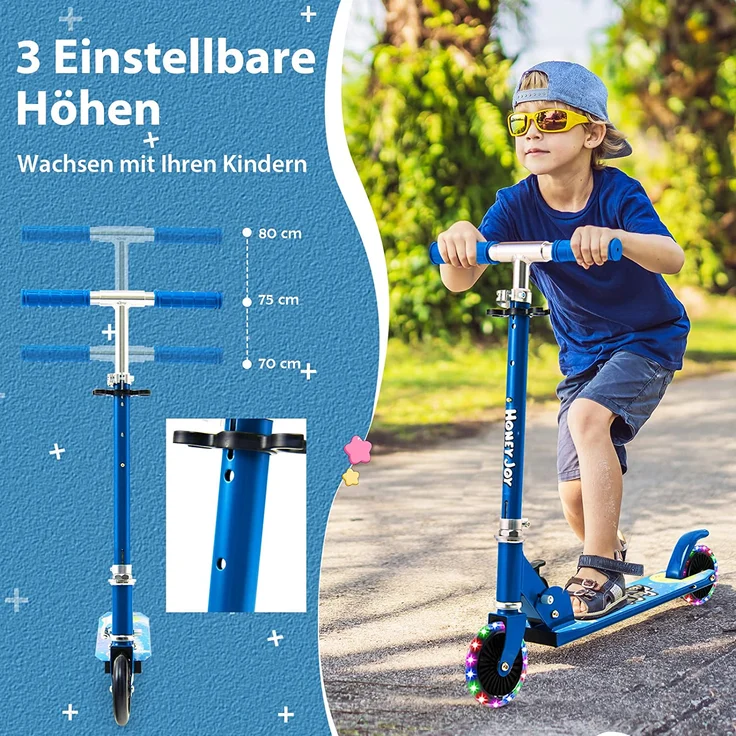 COSTWAY Scooter Kinder Roller, Tretroller mit LED-Räder, Klappbar Lenker, Höhenverstellbar Kinderroller Cityroller Kickscooter für Jungen und Mädchen ab 3 Jahren – Bild 3