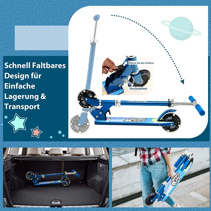 COSTWAY Scooter Kinder Roller, Tretroller mit LED-Räder, Klappbar Lenker, Höhenverstellbar Kinderroller Cityroller Kickscooter für Jungen und Mädchen ab 3 Jahren – Bild 4