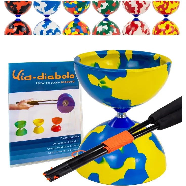 Juggle Dream Jester Diabolo Jonglierset – Fester Achse Profi-Diabolo mit Superglass-Handstäben, Online-Lernvideo – Jonglierspielzeug (Blau/Gelb)