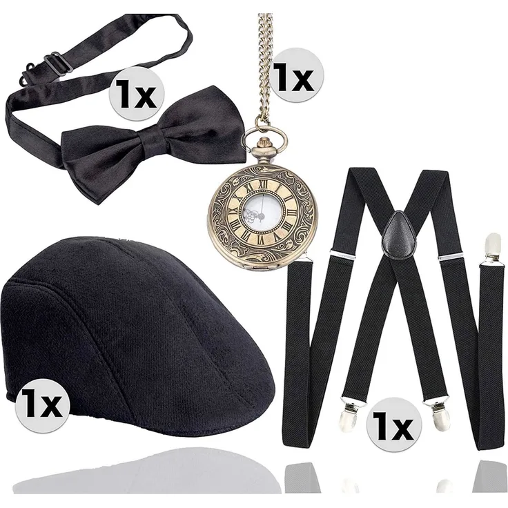 TK Gruppe Timo Klingler 4 in 1 - 20er Accessoires Herren Männer Set für Fasching & Karneval - Verkleidung wie Gatsby, Charleston - Kostüm