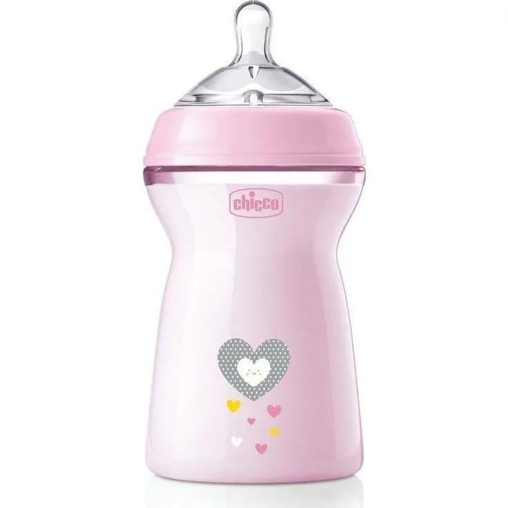 CHICCO_NaturalFeeling Plastikflasche 330ml mit Silikonsauger schneller Durchfluss 6m+ Pink