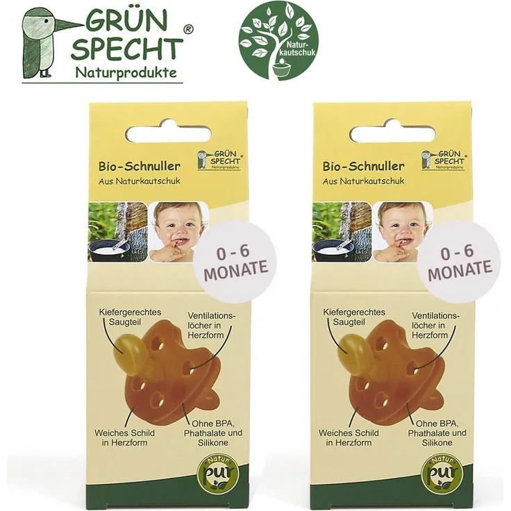 Gruenspecht Bio Schnuller aus Naturkautschuk 0-6 Monate // 2er Set, weiche Schild in Herzform, Kieferorthopädische Form