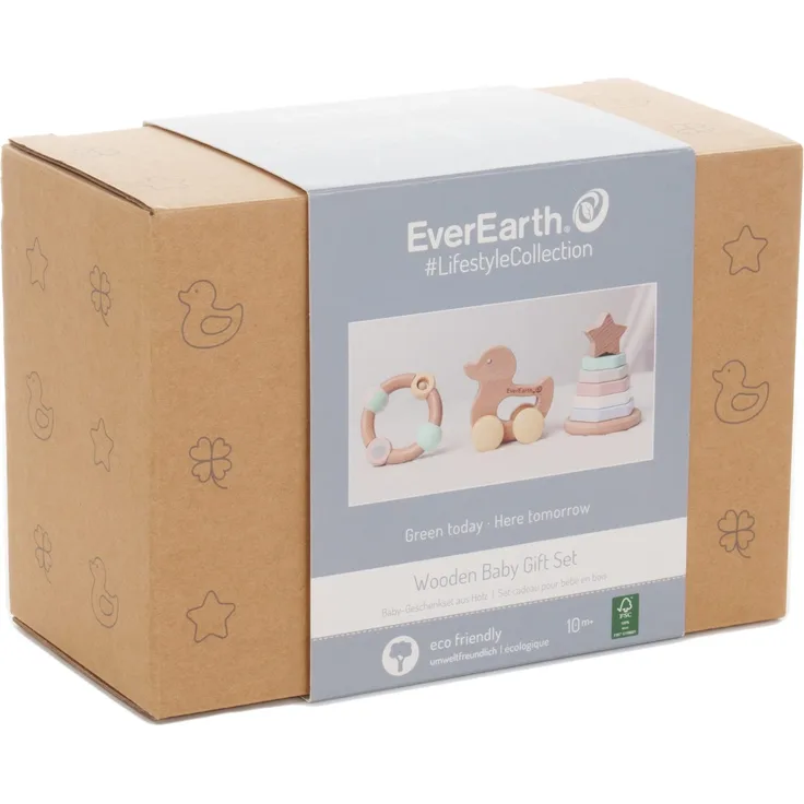 EverEarth Baby Geschenkset aus Holz - Geschenk Set zur Geburt für Jungen, Mädchen und werdende Eltern - Holzspielzeug Babygeschenk aus Stapelturm und Enten Greifling - Neugeborenen Geschenke EE33903