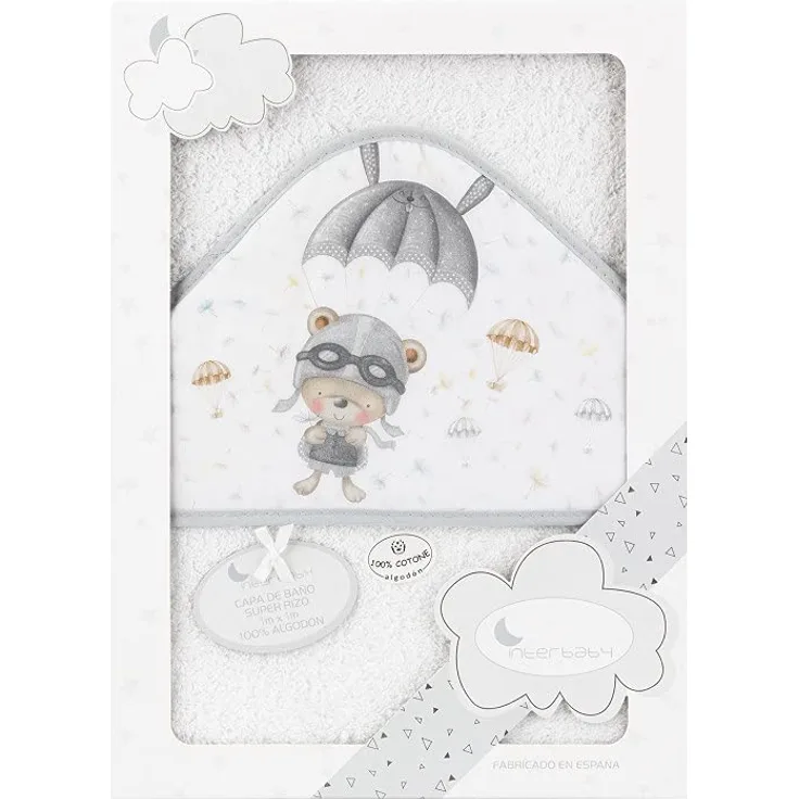 Interbaby 01228-18 Baby Kapuzenbadetuch PARACAIDISTA, weiss e grau, grau