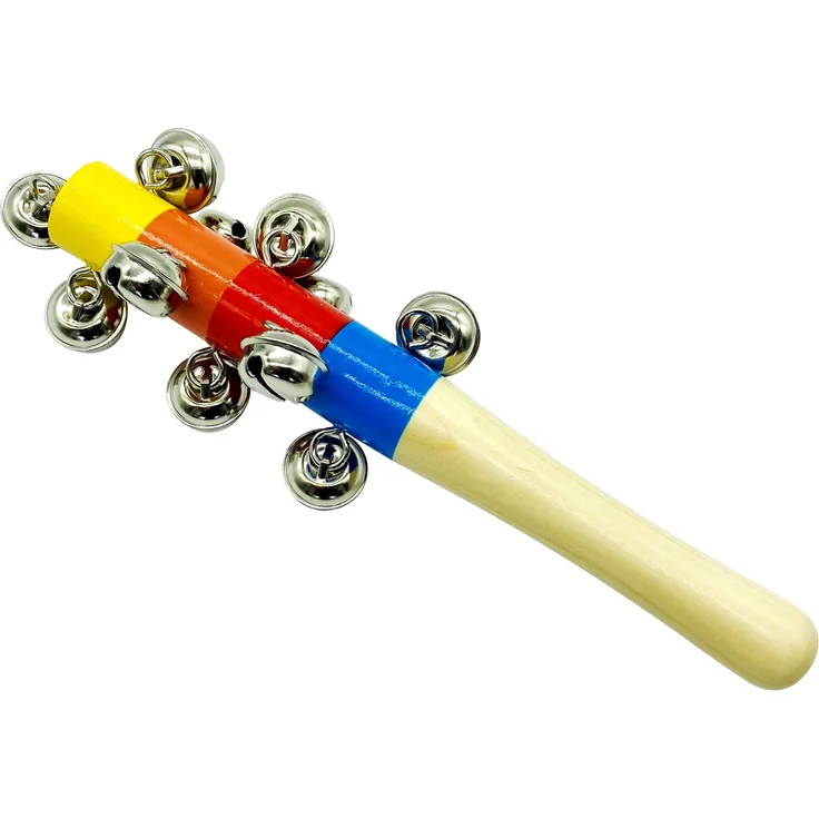 GICO Schellenrassel Schellenstab bunt aus Holz für Kinder mit Glocken Musikinstrument - Länge 21,5 cm - 3861