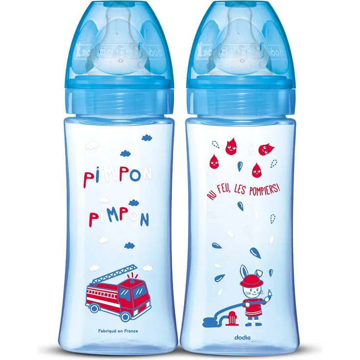 DODIE Anti-Colic Initiation+ Fläschchen (2 x 330 ml) – runder Sauger, Durchfluss 3, BPA-frei – + 6 Monate – Blau und Grün Pelikan und Eule