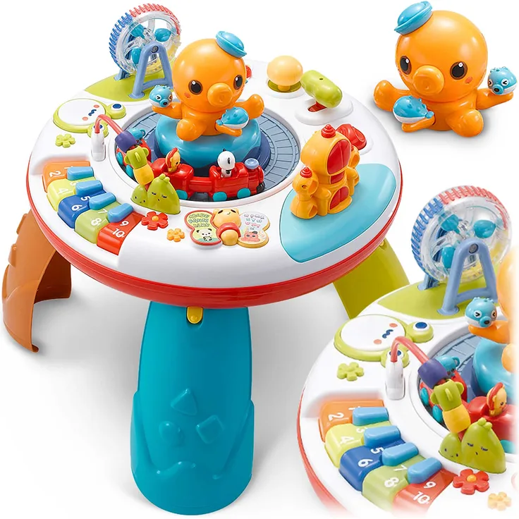 RICOKIDS Lehrtisch und Tafel in Einem mit Musik Geräuschen Melodie Zahlen Tieren und Anderen Erwerb Neuer Fähigkeiten Lebendige Warme Farben Geduld Lernen Unisex Junge Mädchen 54 x 54 x 51 cm