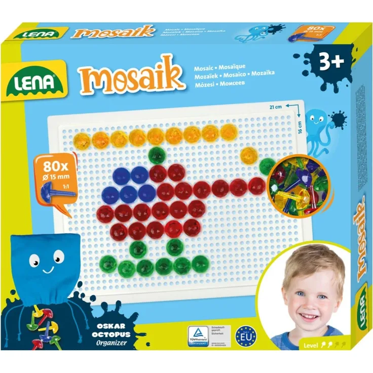 Lena 35622 - Mosaik Steckspiel Set, Steckmosaik mit 80 transparente Stecker, Mosaikstecker Ø 15 mm, Mosaikspiel für Kinder ab 3 Jahre, Komplettset mit Steckplatte ca. 21 x 16 cm und Organizer, bunt