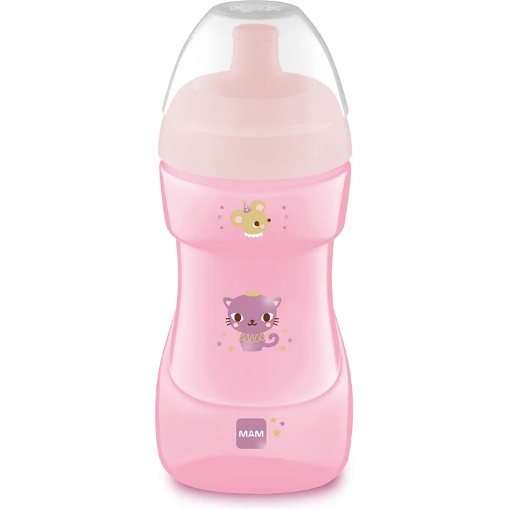MAM Sports Cup (330 ml), auslaufsicherer Baby Trinkbecher mit selbstöffnendem Ventil, Kinder Trinkbecher mit rutschfester Greiffläche, ab 12+Monaten, Katze