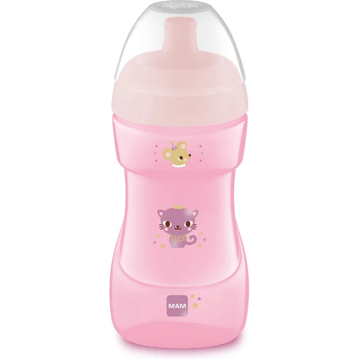MAM Sports Cup (330 ml), auslaufsicherer Baby Trinkbecher mit selbstöffnendem Ventil, Kinder Trinkbecher mit rutschfester Greiffläche, ab 12+Monaten, Katze