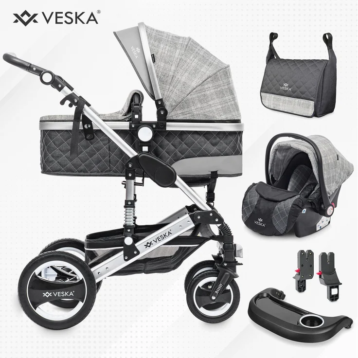 VESKA 3 in 1 Kombi-Kinderwagen inkl. Babyschale, Buggy, Jogger mit Wickeltasche, Moskitonetz, Regencover, Spieltisch, Autoschale Fußsack, QuickFold, Aluminiumrahmen (Silber - grau/kariert) – Bild 1