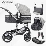 VESKA 3 in 1 Kombi-Kinderwagen inkl. Babyschale, Buggy, Jogger mit Wickeltasche, Moskitonetz, Regencover, Spieltisch, Autoschale Fußsack, QuickFold, Aluminiumrahmen (Silber - grau/kariert)