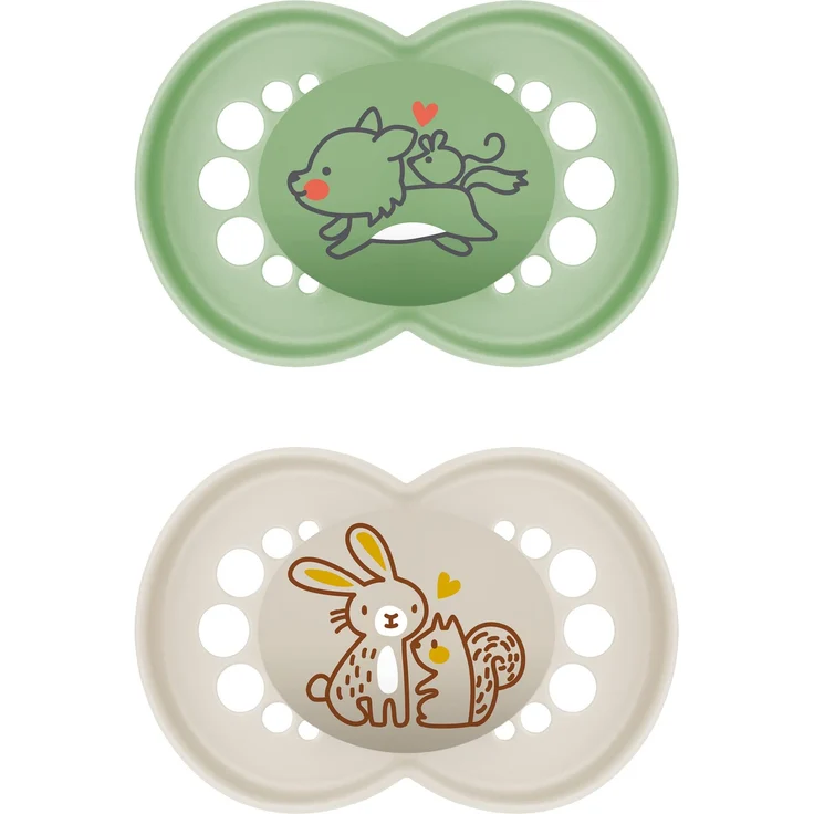 MAM Original Pure Schnuller im 2er-Set, zahnfreundlicher Baby Schnuller aus nachhaltigem & bio-erneuerbarem Material, Sauger aus MAM SkinSoft Silikon, mit Schnullerbox, 6-16 Monate, Hund/Hase – Bild 1